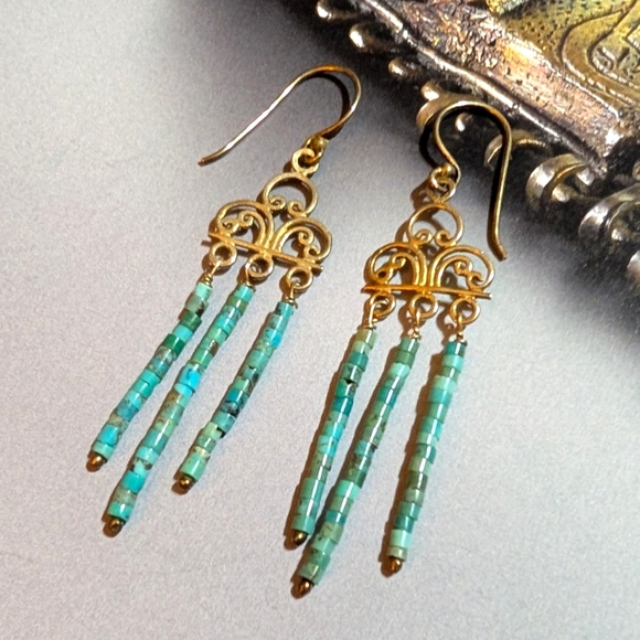 Vintage Jewelry - Vintage Long Natural Turquoise Beaded Earrings
